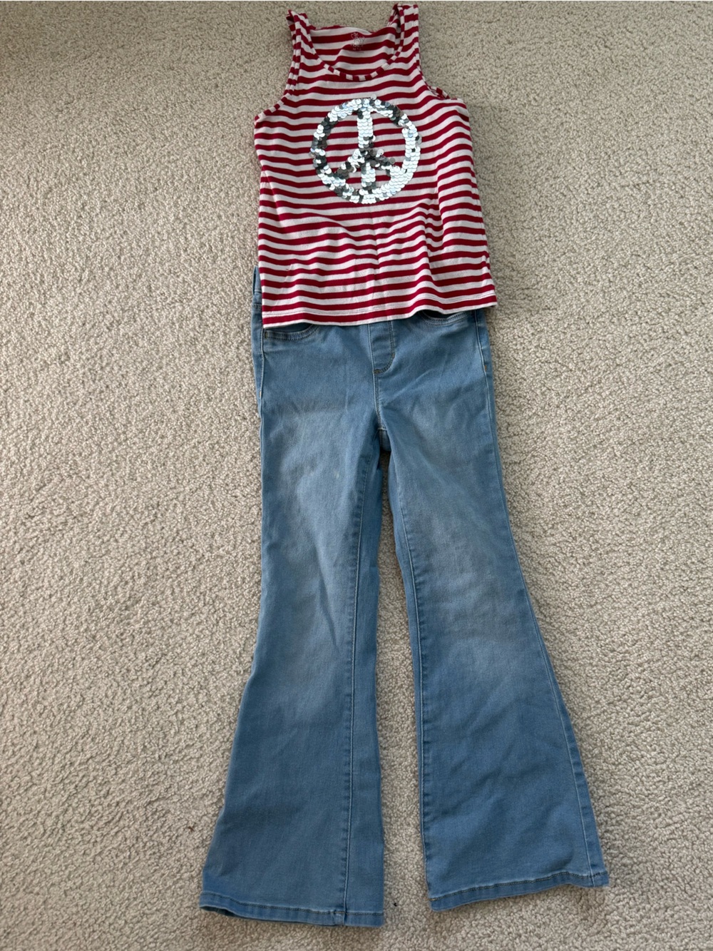Kids Red Stripe Sequin Peace Tank & Blue Denim Flare Set